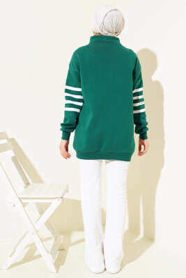 Şerit Baskılı Fermuarlı Üç İplik Sweatshirt Zümrüt - Thumbnail