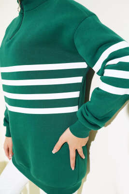 Şerit Baskılı Fermuarlı Üç İplik Sweatshirt Zümrüt - Thumbnail