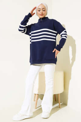 Şerit Baskılı Fermuarlı Üç İplik Sweatshirt Lacivert - Thumbnail