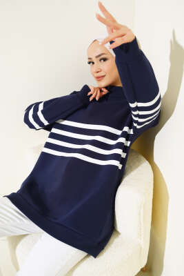 Şerit Baskılı Fermuarlı Üç İplik Sweatshirt Lacivert - Thumbnail