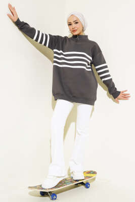 Şerit Baskılı Fermuarlı Üç İplik Sweatshirt Füme - Thumbnail