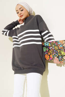 Şerit Baskılı Fermuarlı Üç İplik Sweatshirt Füme - Thumbnail