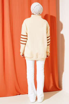 Şerit Baskılı Fermuarlı Üç İplik Sweatshirt Bej - Thumbnail