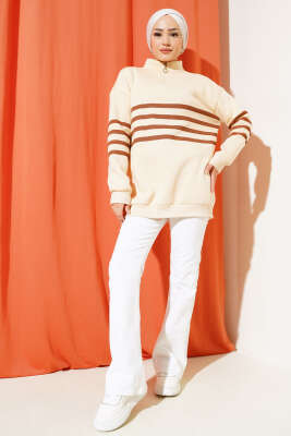 Şerit Baskılı Fermuarlı Üç İplik Sweatshirt Bej - Thumbnail