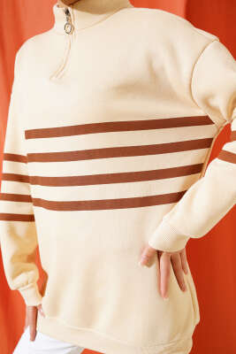 Şerit Baskılı Fermuarlı Üç İplik Sweatshirt Bej - Thumbnail