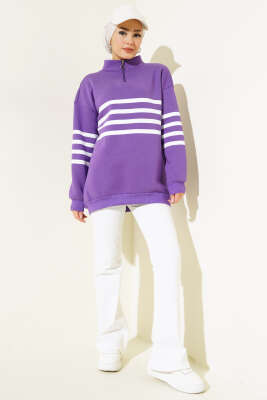 Şerit Baskılı Fermuarlı Üç İplik Sweatshirt Mor - Thumbnail