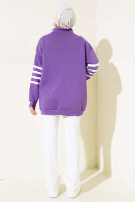 Şerit Baskılı Fermuarlı Üç İplik Sweatshirt Mor - Thumbnail