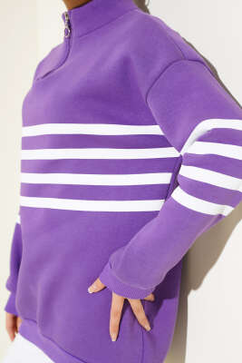 Şerit Baskılı Fermuarlı Üç İplik Sweatshirt Mor - Thumbnail