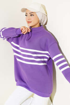 Şerit Baskılı Fermuarlı Üç İplik Sweatshirt Mor - Thumbnail