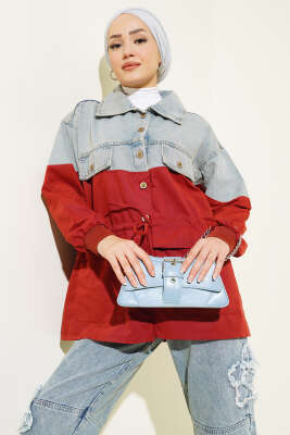 Pazarium - Kot Garnili Bel Tünelli Ceket Nar Çiçeği