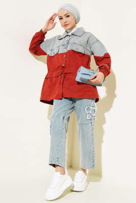 Kot Garnili Bel Tünelli Ceket Nar Çiçeği - Thumbnail