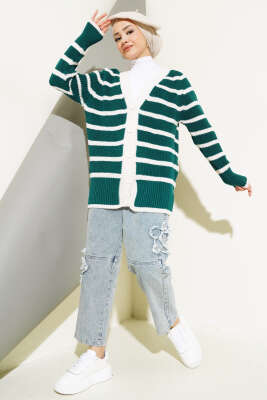 Çizgili Düğmeli Triko Hırka Nefti - Thumbnail