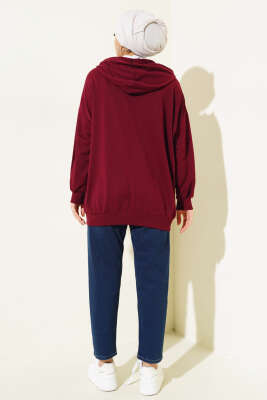 Kapüşonlu Fermuarlı Salaş Hırka Bordo - Thumbnail