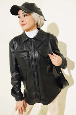 Pazarium - Çıtçıt Düğmeli Cepli Deri Gömlek Siyah