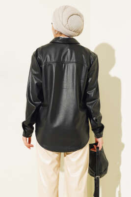 Çıtçıt Düğmeli Cepli Deri Gömlek Siyah - Thumbnail