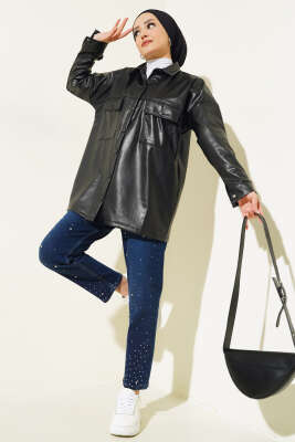 Pazarium - Çift Göğüs Cepli Deri Gömlek Siyah