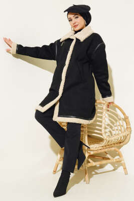 Pazarium - İçi Kürklü Deri Detaylı Süet Kaban Siyah