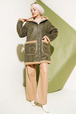 Kürklü Fermuarlı Kapüşonlu Mont Haki - Thumbnail