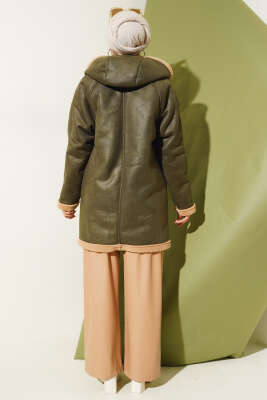 Kürklü Fermuarlı Kapüşonlu Mont Haki - Thumbnail