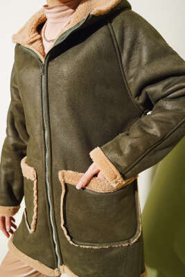 Kürklü Fermuarlı Kapüşonlu Mont Haki - Thumbnail