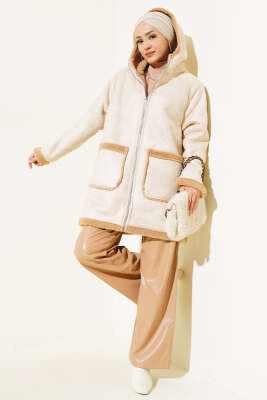 Kürklü Fermuarlı Kapüşonlu Mont Bej - Thumbnail