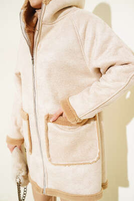 Kürklü Fermuarlı Kapüşonlu Mont Bej - Thumbnail