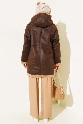 Kürklü Fermuarlı Kapüşonlu Mont Acı Kahve - Thumbnail