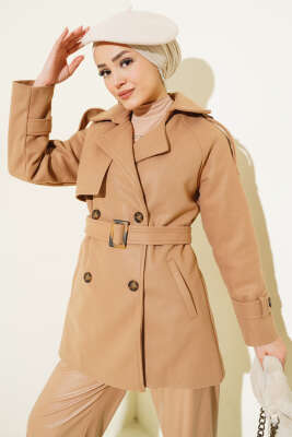 Pazarium - Omuz Apoletli Kuşaklı Kısa Kaşe Kaban Camel