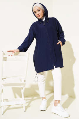	 Geniş Fitilli Fermuarlı Hırka Lacivert - Thumbnail