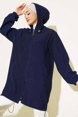 	 Geniş Fitilli Fermuarlı Hırka Lacivert - Thumbnail