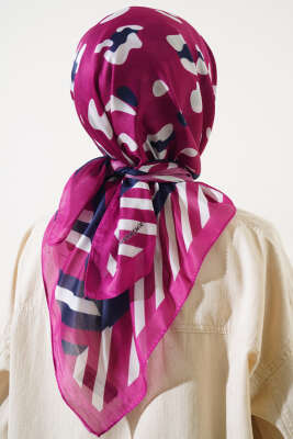 Leopar Desen Şeritli Soft Eşarp Fuşya - Thumbnail