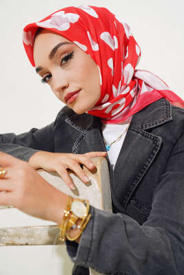 Leopar Desen Şeritli Soft Eşarp Alizarin - Thumbnail