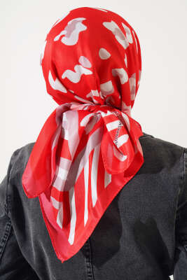 Leopar Desen Şeritli Soft Eşarp Alizarin - Thumbnail