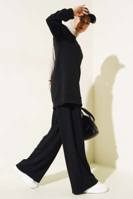 Pazarium - Önü Çımalı Tunik İkili Takım Siyah