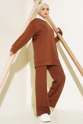 Önü Çımalı Tunik İkili Takım Kahve - Thumbnail