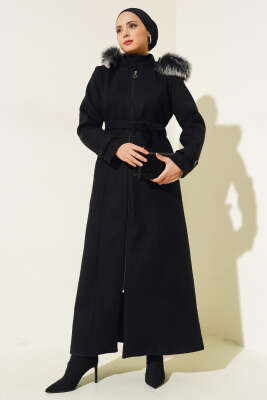 Kapüşonu Kürklü Fermuarlı Uzun Kaşe Kaban Siyah - Thumbnail