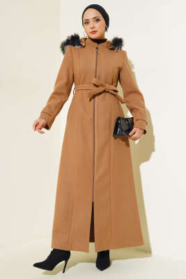 Kapüşonu Kürklü Fermuarlı Uzun Kaşe Kaban Latte - Thumbnail