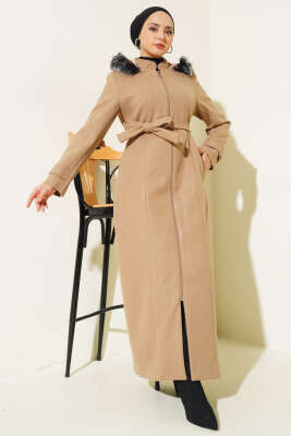 Kapüşonu Kürklü Fermuarlı Uzun Kaşe Kaban Bej - Thumbnail