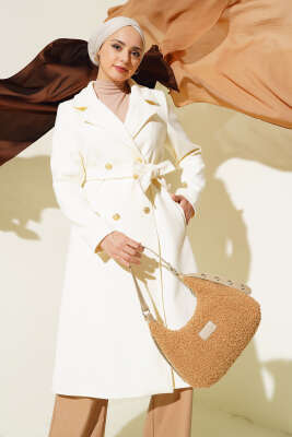 Pazarium - Gold Düğmeli Kuşaklı Kaşe Kaban Ekru