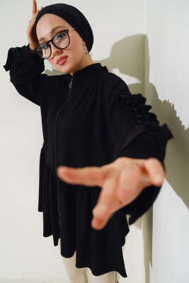 Loyşa Kol Fırfırlı Hırka Siyah - Thumbnail