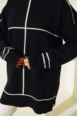 Çizgi Detaylı Basic Triko Tunik Siyah - Thumbnail