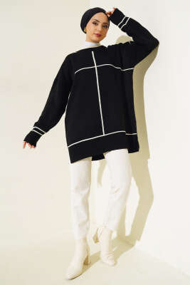 Çizgi Detaylı Basic Triko Tunik Siyah - Thumbnail