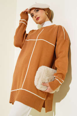 Çizgi Detaylı Basic Triko Tunik Latte - Thumbnail