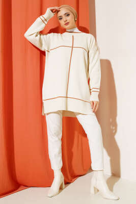 Çizgi Detaylı Basic Triko Tunik Bej - Thumbnail