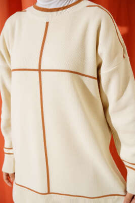 Çizgi Detaylı Basic Triko Tunik Bej - Thumbnail