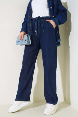 Kuşaklı Bel Lastikli Kot Pantolon Lacivert - Thumbnail