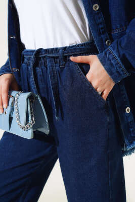 Kuşaklı Bel Lastikli Kot Pantolon Lacivert - Thumbnail