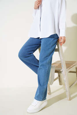 Pazarium - Kuşaklı Bel Lastikli Kot Pantolon Kot