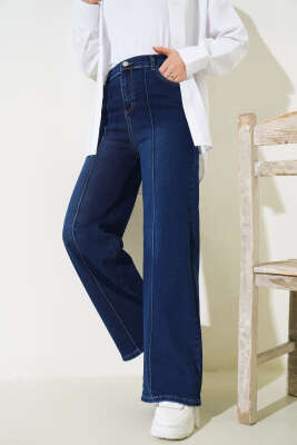 Önü Çımalı Geniş Paça Kot Pantolon Lacivert - Thumbnail