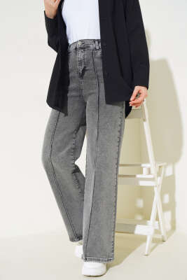 Önü Çımalı Geniş Paça Kot Pantolon Füme - Thumbnail